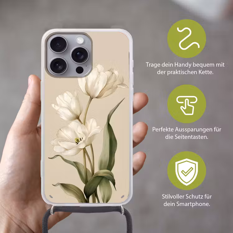 Tulpen - Wit - Bladeren Hoesje iPhone 16 Pro Max met koord klein -sfeer2_DE
