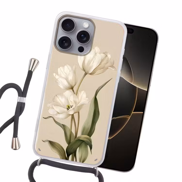 Tulpen - Wit - Bladeren Hoesje iPhone 16 Pro Max met koord klein -sfeer1
