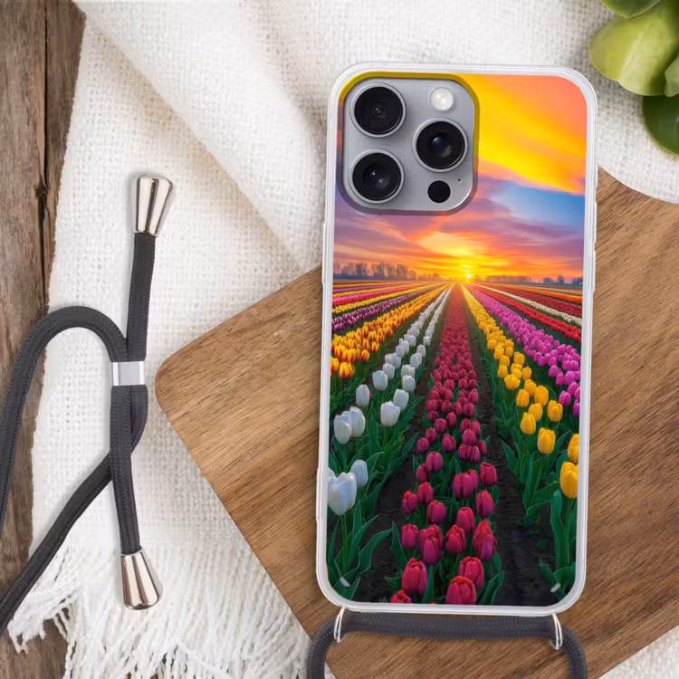 Tulpenveld - Zonsondergang - Kleurrijk Hoesje iPhone 16 Pro Max met koord klein -sfeer4