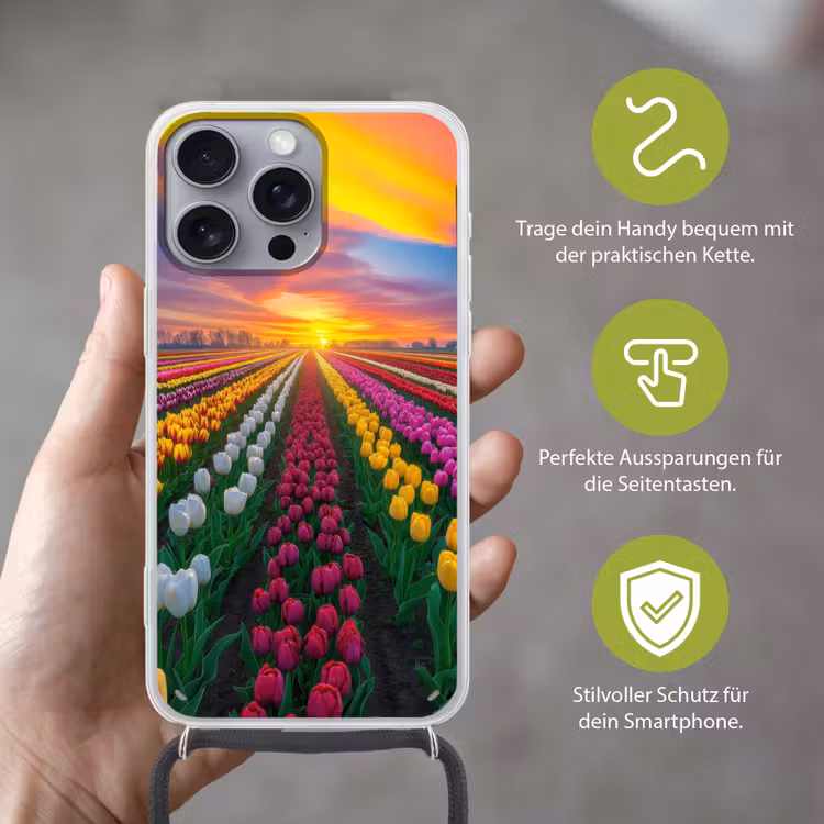 Tulpenveld - Zonsondergang - Kleurrijk Hoesje iPhone 16 Pro Max met koord klein -sfeer2_DE