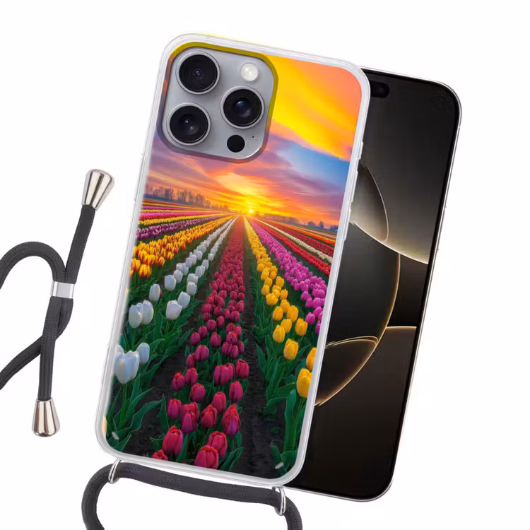 Tulpenveld - Zonsondergang - Kleurrijk Hoesje iPhone 16 Pro Max met koord klein -sfeer1