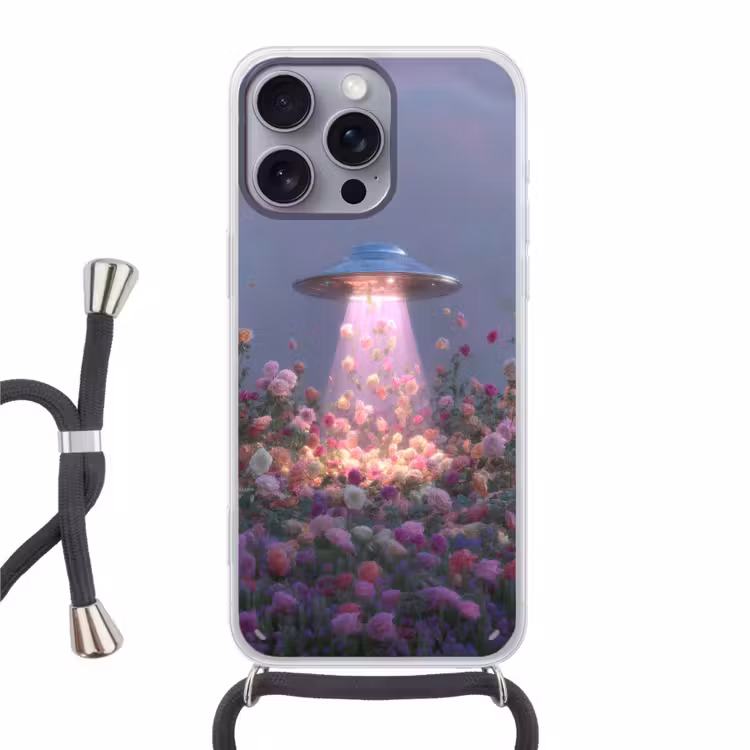 Ufo - Rozen - Pastelkleuren Hoesje iPhone 16 Pro Max met koord klein -3d
