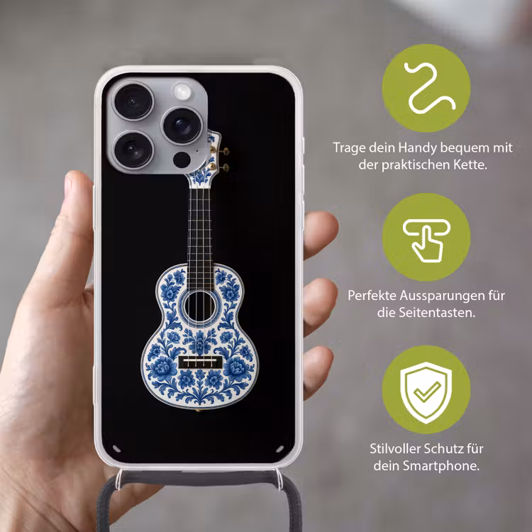 Ukelele - Delfts - Blauw - Muziek Hoesje iPhone 16 Pro Max met koord klein -sfeer2_DE