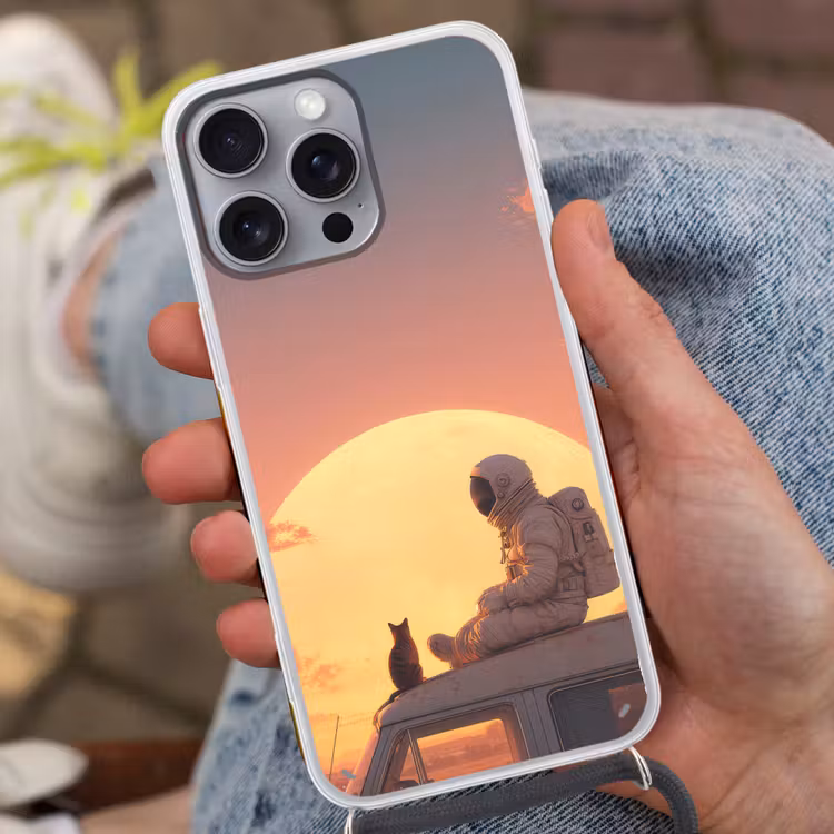 Busje - Kat - Zonsondergang - Oranje Hoesje iPhone 16 Pro Max met koord klein -sfeer3
