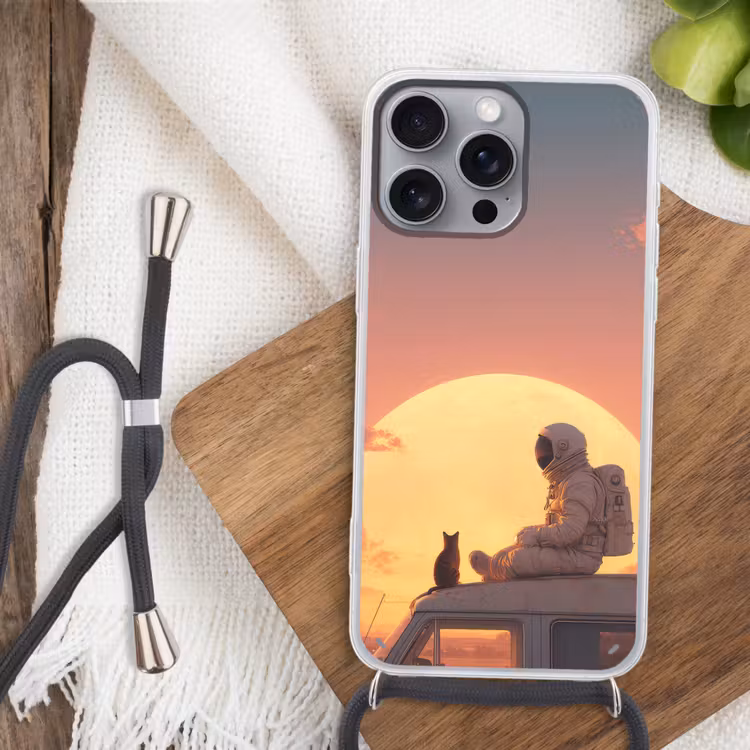 Busje - Kat - Zonsondergang - Oranje Hoesje iPhone 16 Pro Max met koord klein -sfeer4
