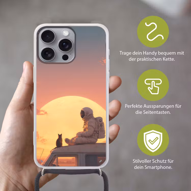 Busje - Kat - Zonsondergang - Oranje Hoesje iPhone 16 Pro Max met koord klein -sfeer2_DE