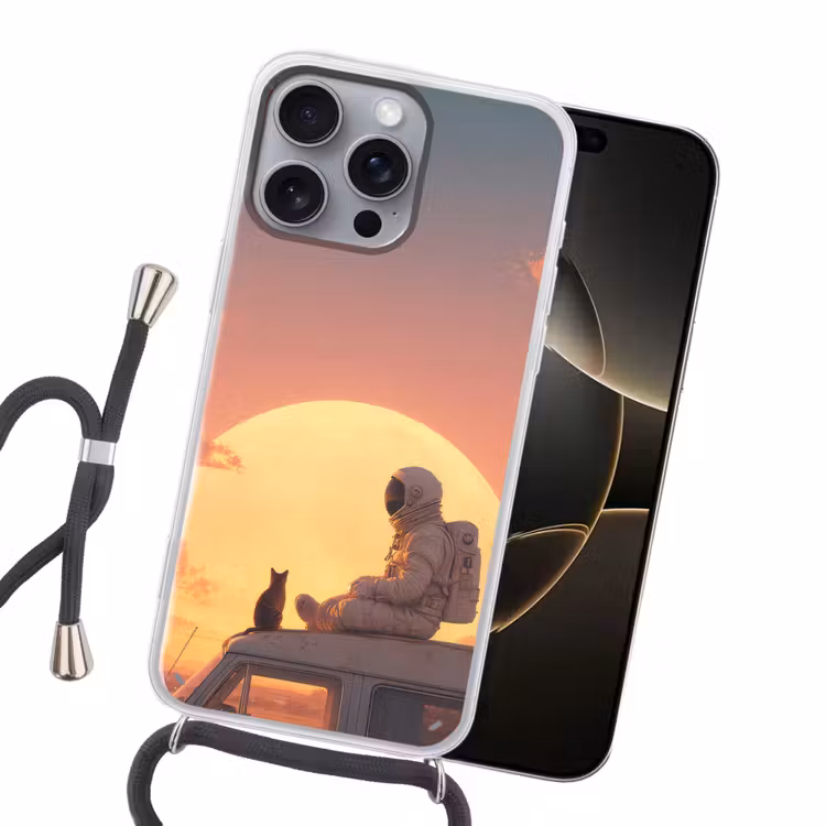 Busje - Kat - Zonsondergang - Oranje Hoesje iPhone 16 Pro Max met koord klein -sfeer1