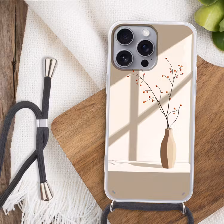 Vaas - Takken - Bessen - Minimalistisch Hoesje iPhone 16 Pro Max met koord klein -sfeer4
