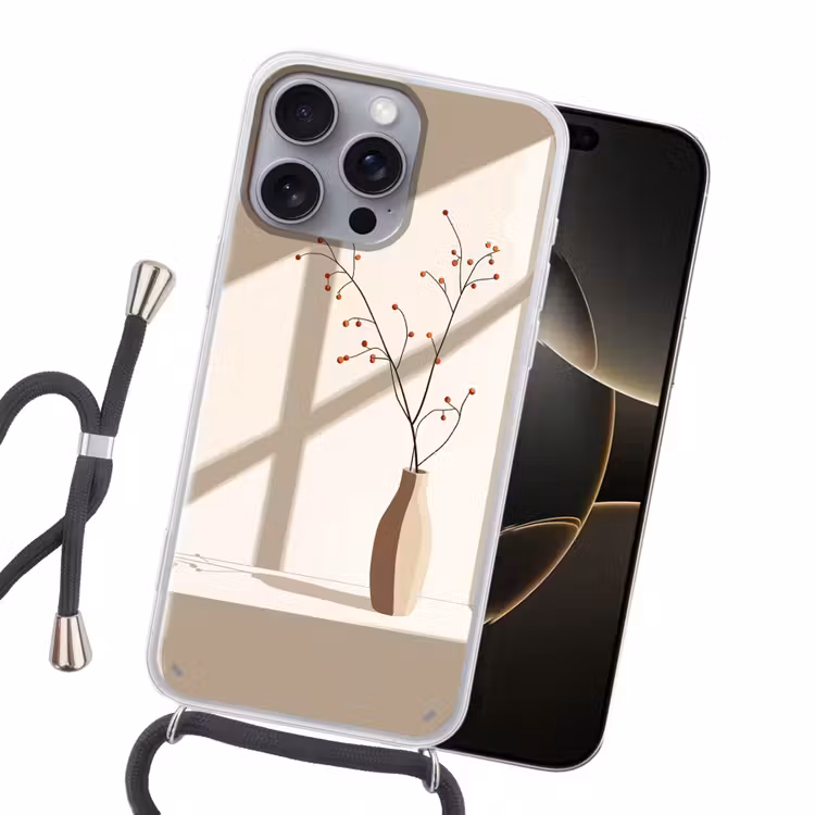 Vaas - Takken - Bessen - Minimalistisch Hoesje iPhone 16 Pro Max met koord klein -sfeer1