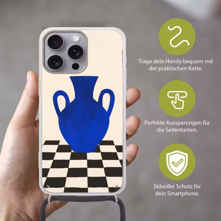 Vaas - Blauw - Geblokt - Modern Hoesje iPhone 16 Pro Max met koord klein -sfeer2_DE