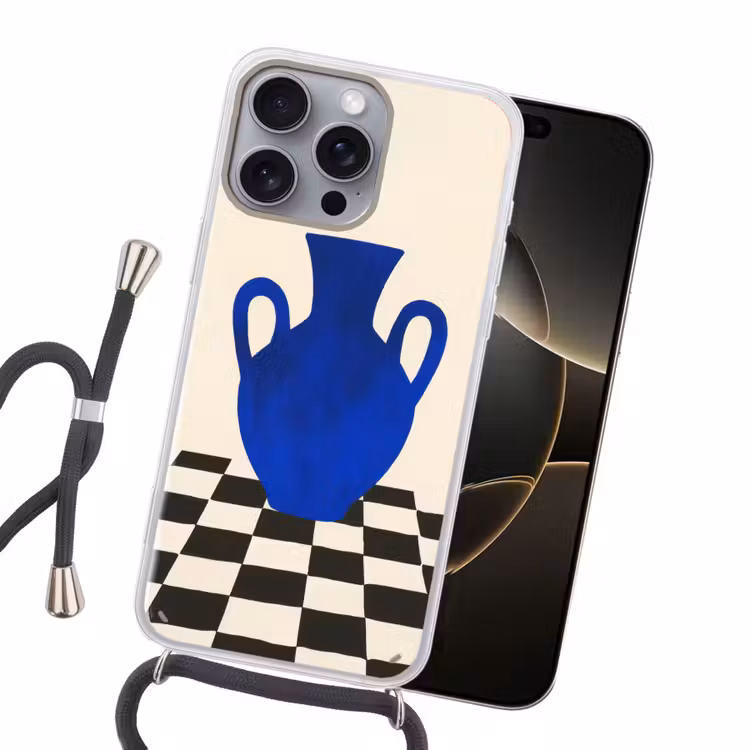 Vaas - Blauw - Geblokt - Modern Hoesje iPhone 16 Pro Max met koord klein -sfeer1