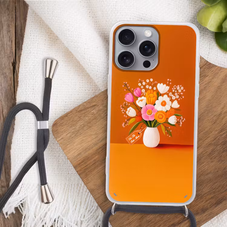Vaas - Bloemen - Oranje Hoesje iPhone 16 Pro Max met koord klein -sfeer4