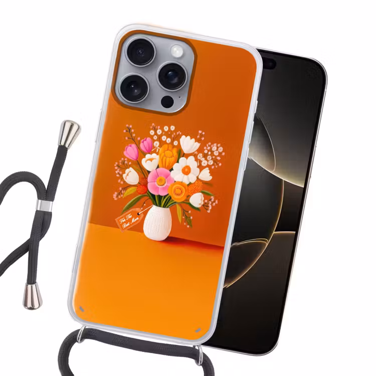 Vaas - Bloemen - Oranje Hoesje iPhone 16 Pro Max met koord klein -sfeer1