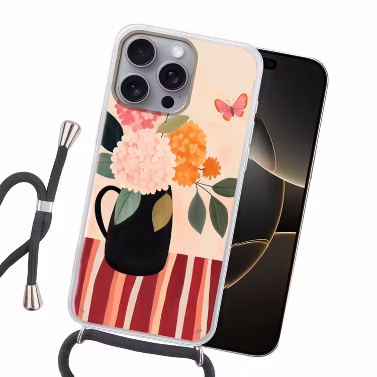 Vaas - Bloemen - Vlinder - Rood Hoesje iPhone 16 Pro Max met koord klein -sfeer1
