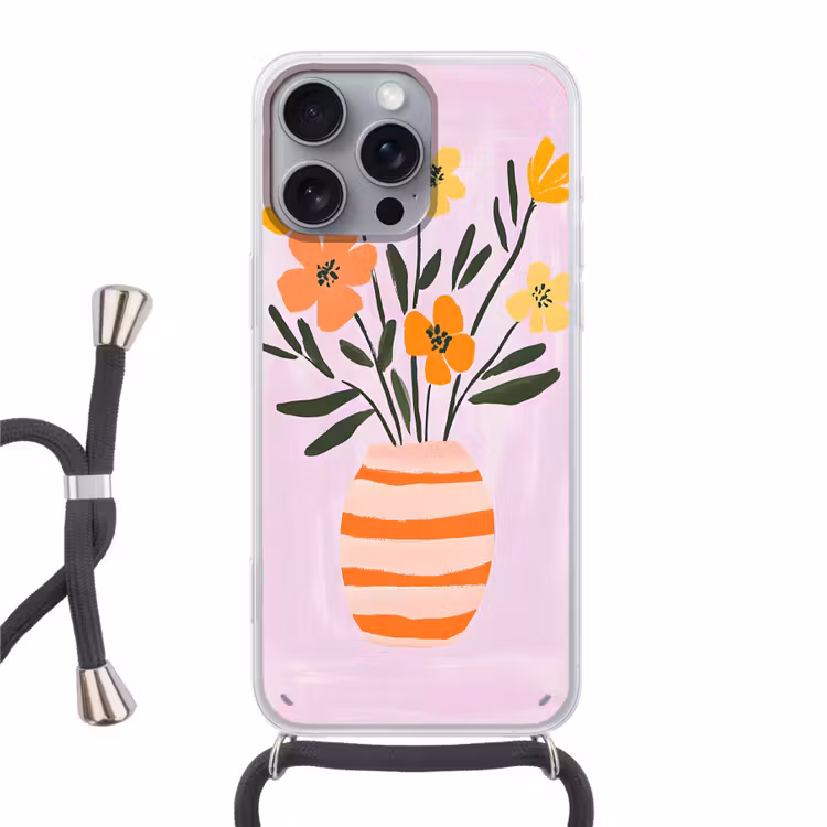 Vaas - Gestreept - Bloemen - Oranje Hoesje iPhone 16 Pro Max met koord klein -3d