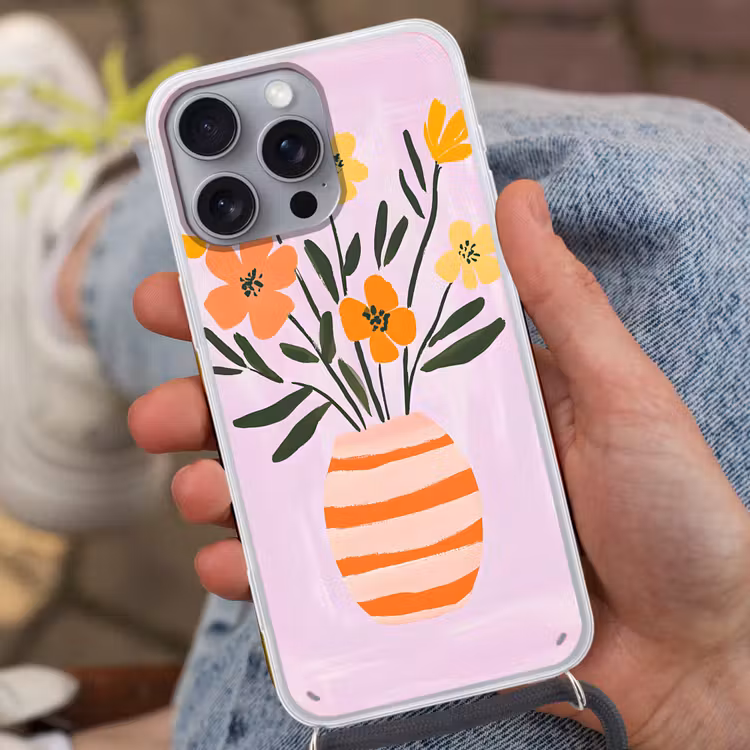 Vaas - Gestreept - Bloemen - Oranje Hoesje iPhone 16 Pro Max met koord klein -sfeer3