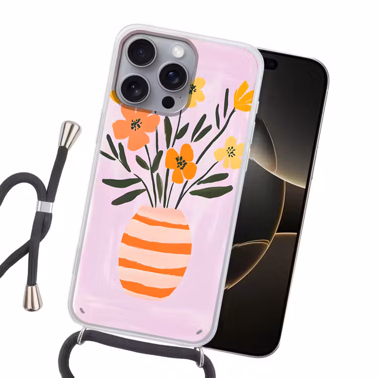 Vaas - Gestreept - Bloemen - Oranje Hoesje iPhone 16 Pro Max met koord klein -sfeer1