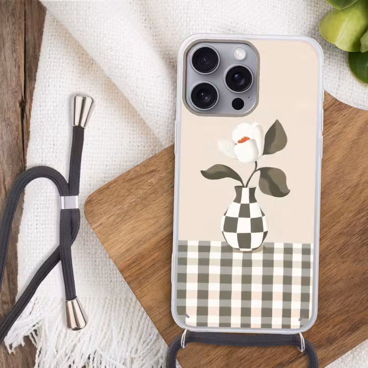Vaas - Geruit - Groen - Bloem Hoesje iPhone 16 Pro Max met koord klein -sfeer4
