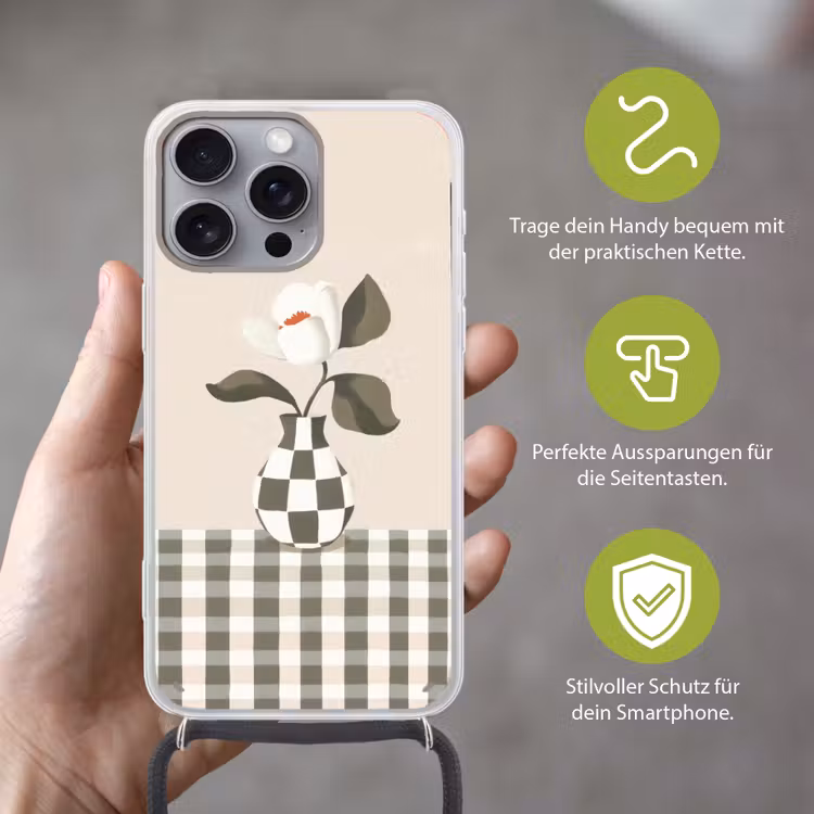 Vaas - Geruit - Groen - Bloem Hoesje iPhone 16 Pro Max met koord klein -sfeer2_DE