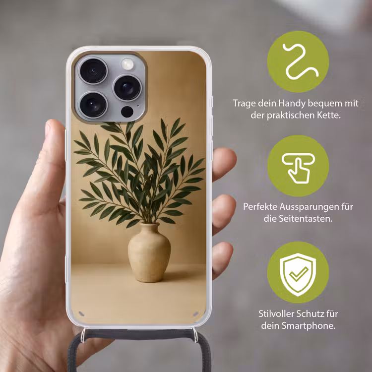 Vaas - Olijftakken - Bladeren - Beige Hoesje iPhone 16 Pro Max met koord klein -sfeer2_DE