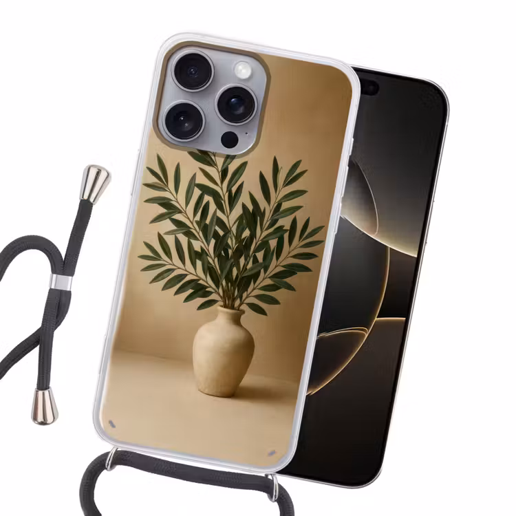Vaas - Olijftakken - Bladeren - Beige Hoesje iPhone 16 Pro Max met koord klein -sfeer1