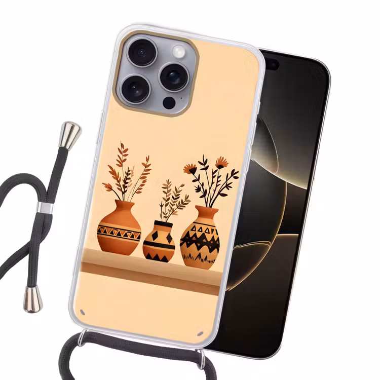 Vazen - Bloemen - Bladeren - Minimalistisch Hoesje iPhone 16 Pro Max met koord klein -sfeer1