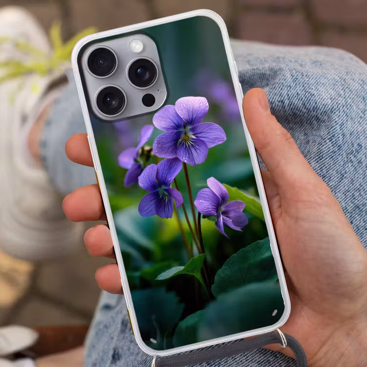 Viooltjes - Paars - Bloem - Bladeren Hoesje iPhone 16 Pro Max met koord klein -sfeer3