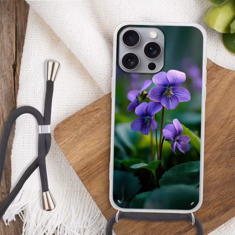Viooltjes - Paars - Bloem - Bladeren Hoesje iPhone 16 Pro Max met koord klein -sfeer4
