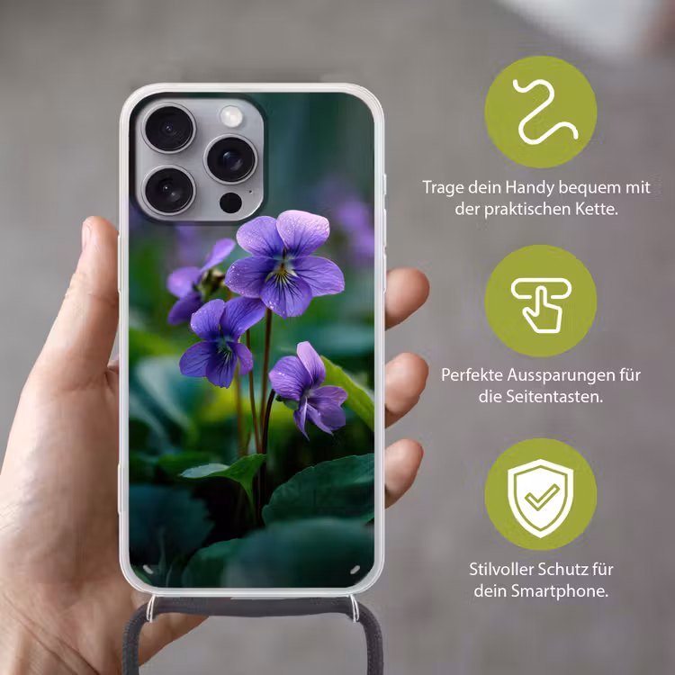 Viooltjes - Paars - Bloem - Bladeren Hoesje iPhone 16 Pro Max met koord klein -sfeer2_DE
