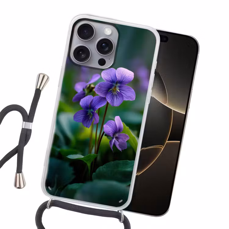 Viooltjes - Paars - Bloem - Bladeren Hoesje iPhone 16 Pro Max met koord klein -sfeer1