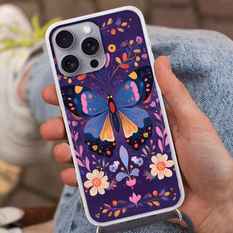 Sierlijk - Bloemen - Vlinder - Paars Hoesje iPhone 16 Pro Max met koord klein -sfeer3