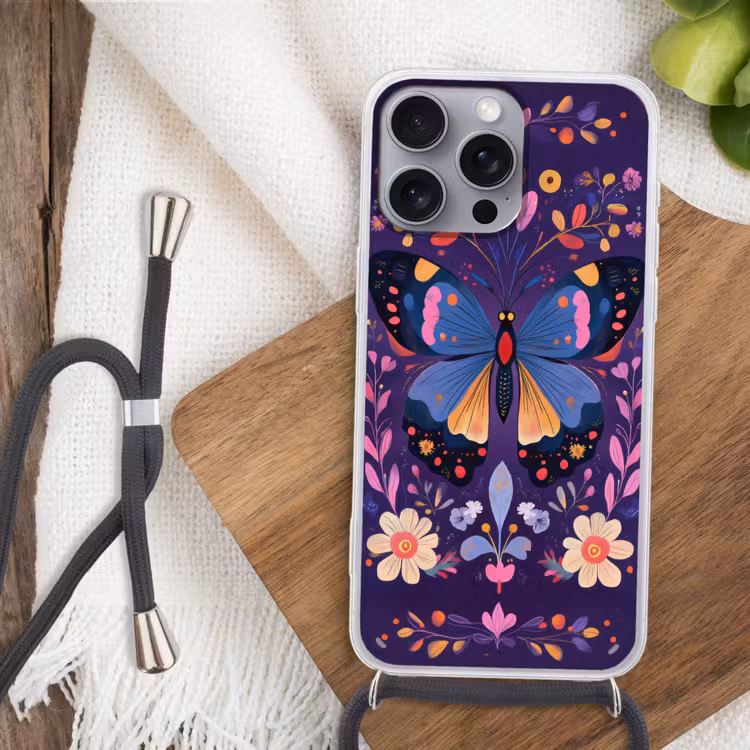 Sierlijk - Bloemen - Vlinder - Paars Hoesje iPhone 16 Pro Max met koord klein -sfeer4