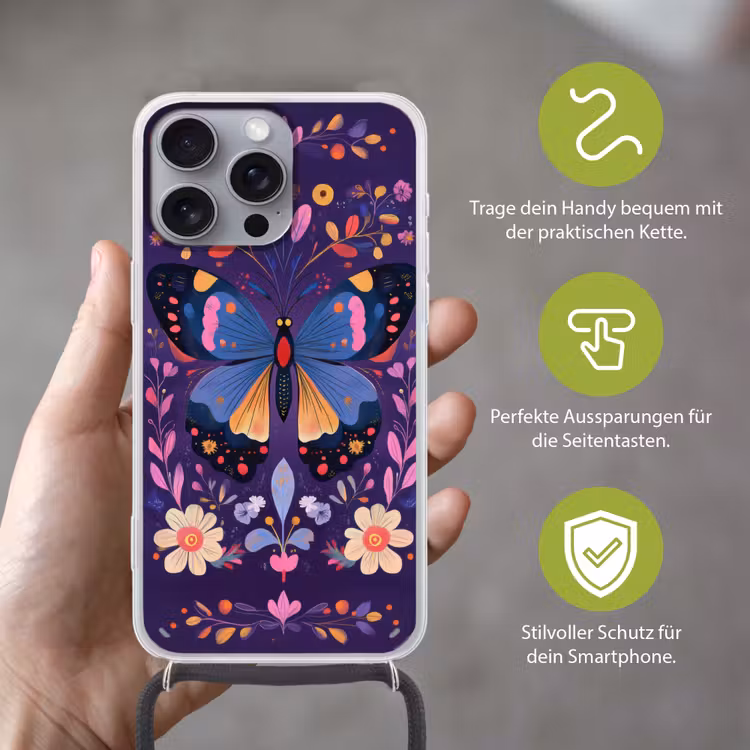 Sierlijk - Bloemen - Vlinder - Paars Hoesje iPhone 16 Pro Max met koord klein -sfeer2_DE