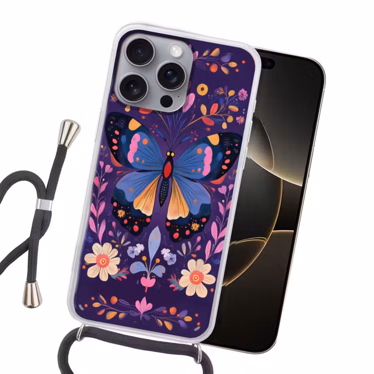 Sierlijk - Bloemen - Vlinder - Paars Hoesje iPhone 16 Pro Max met koord klein -sfeer1