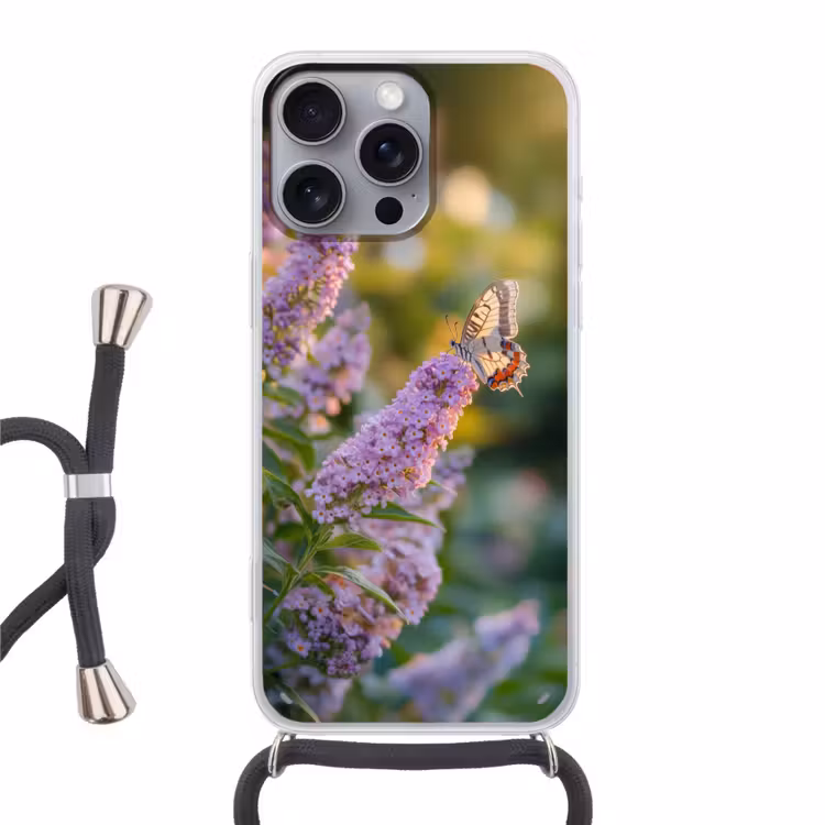 Sierlijke - Vlinder - Paarse - Bloemen Hoesje iPhone 16 Pro Max met koord klein -3d