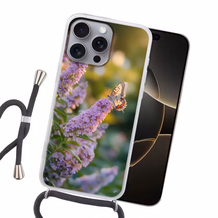 Sierlijke - Vlinder - Paarse - Bloemen Hoesje iPhone 16 Pro Max met koord klein -sfeer1