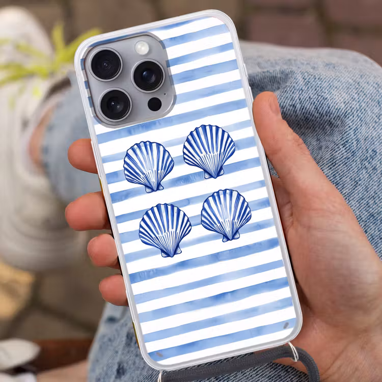 Vier schelpen - Blauw - Wit - Strepen Hoesje iPhone 16 Pro Max met koord klein -sfeer3