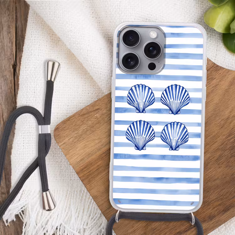 Vier schelpen - Blauw - Wit - Strepen Hoesje iPhone 16 Pro Max met koord klein -sfeer4