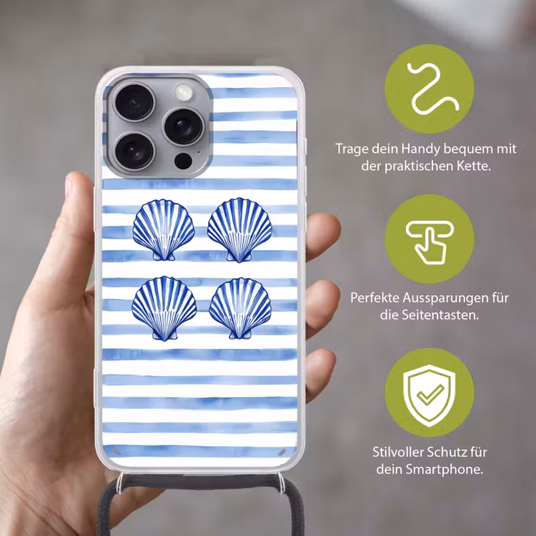 Vier schelpen - Blauw - Wit - Strepen Hoesje iPhone 16 Pro Max met koord klein -sfeer2_DE