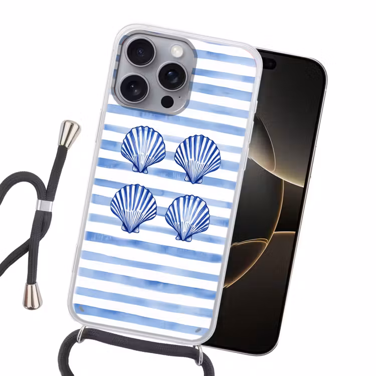 Vier schelpen - Blauw - Wit - Strepen Hoesje iPhone 16 Pro Max met koord klein -sfeer1