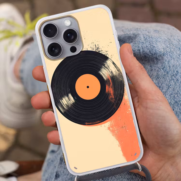 Vinylplaat - Zwart - Verfspatten - Retro Hoesje iPhone 16 Pro Max met koord klein -sfeer3