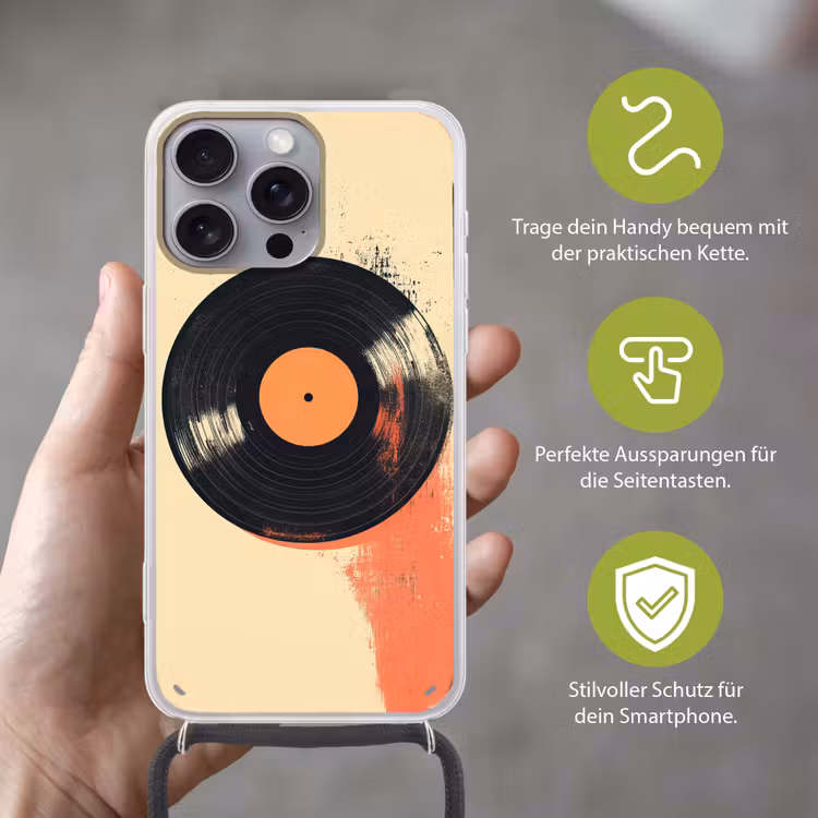 Vinylplaat - Zwart - Verfspatten - Retro Hoesje iPhone 16 Pro Max met koord klein -sfeer2_DE