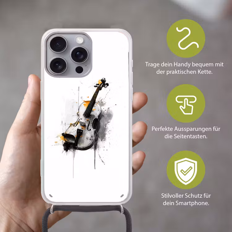 Viool - Oranje - Zwart - Penseelstreken Hoesje iPhone 16 Pro Max met koord klein -sfeer2_DE