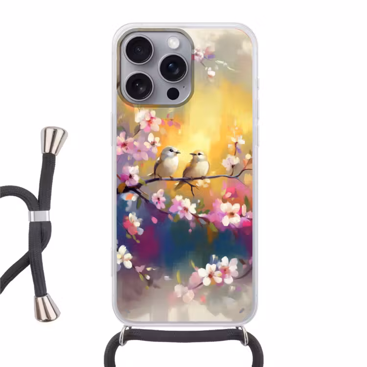 Vogels - Bloemen - Roze Hoesje iPhone 16 Pro Max met koord klein -3d