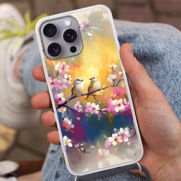 Vogels - Bloemen - Roze Hoesje iPhone 16 Pro Max met koord klein -sfeer3