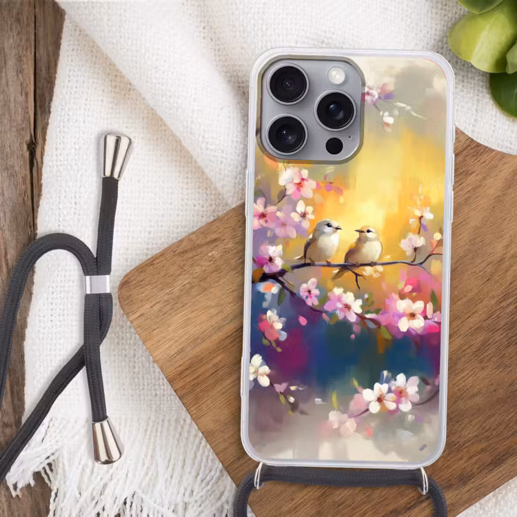 Vogels - Bloemen - Roze Hoesje iPhone 16 Pro Max met koord klein -sfeer4