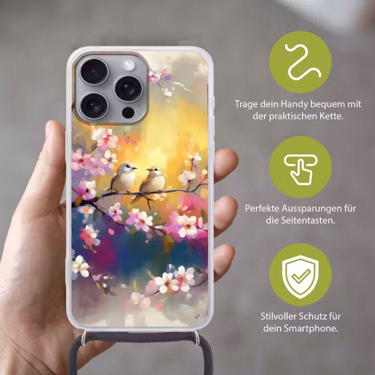 Vogels - Bloemen - Roze Hoesje iPhone 16 Pro Max met koord klein -sfeer2_DE