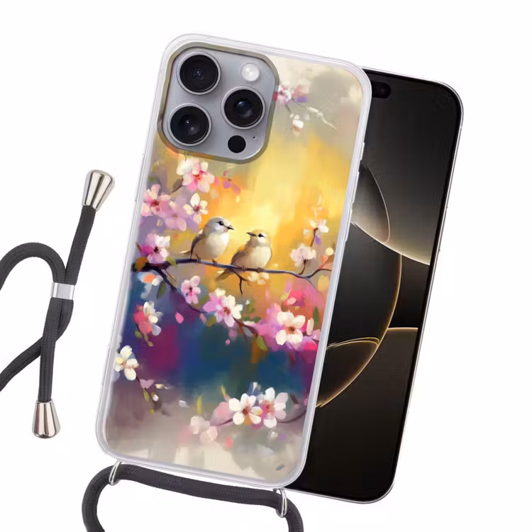 Vogels - Bloemen - Roze Hoesje iPhone 16 Pro Max met koord klein -sfeer1
