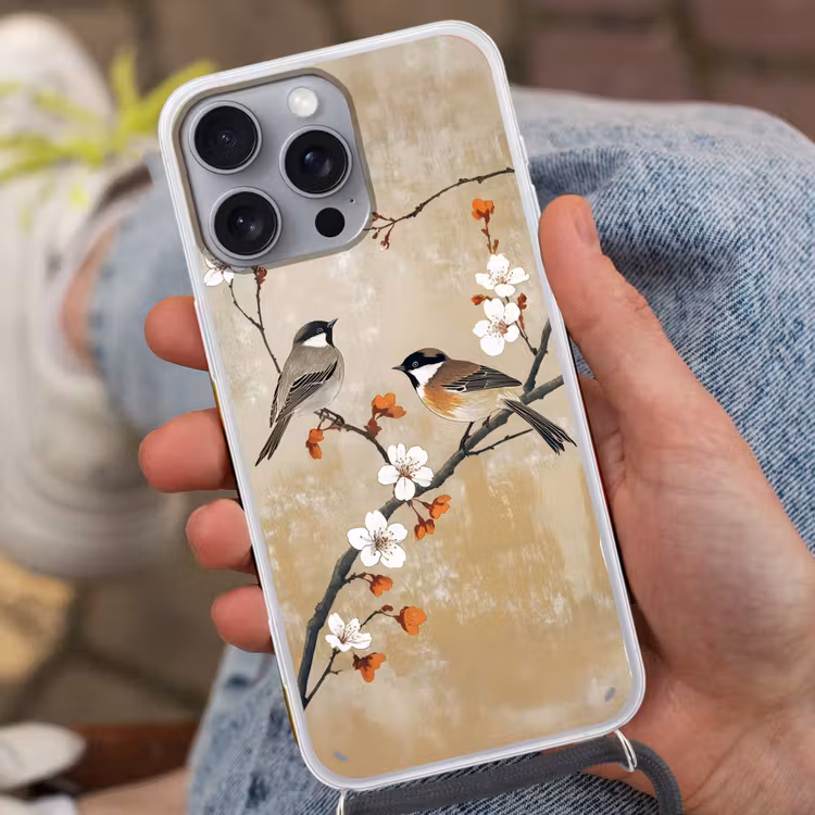 Vogels - Bloesemtak - Bloemen - Oranje Hoesje iPhone 16 Pro Max met koord klein -sfeer3