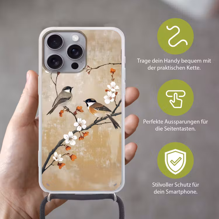 Vogels - Bloesemtak - Bloemen - Oranje Hoesje iPhone 16 Pro Max met koord klein -sfeer2_DE